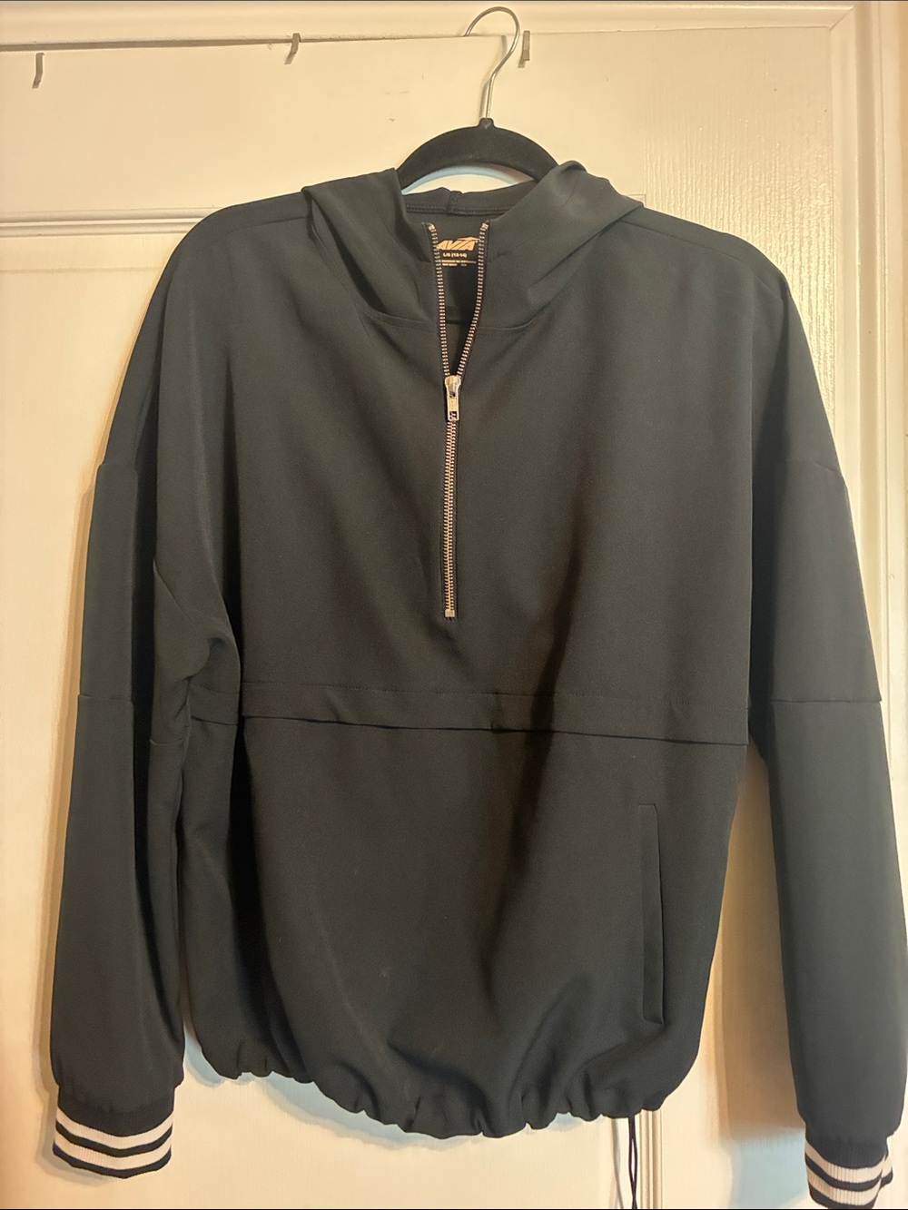 Avia Black Zip-Up Hooded Pullover-with Striped Cuffs